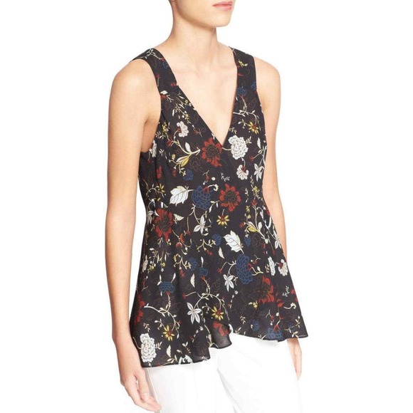 A.L.C. Tops - A.L.C. Purcell Floral Tank Top 10 Black Silk V Neck Sleeveless Ruffle Blouse